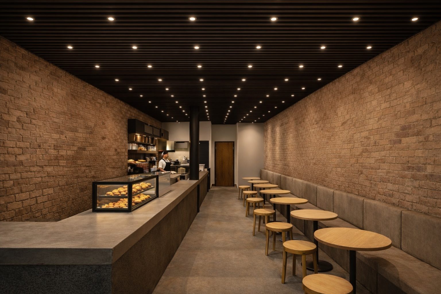 Main dining render: concrete service counter with display ca
